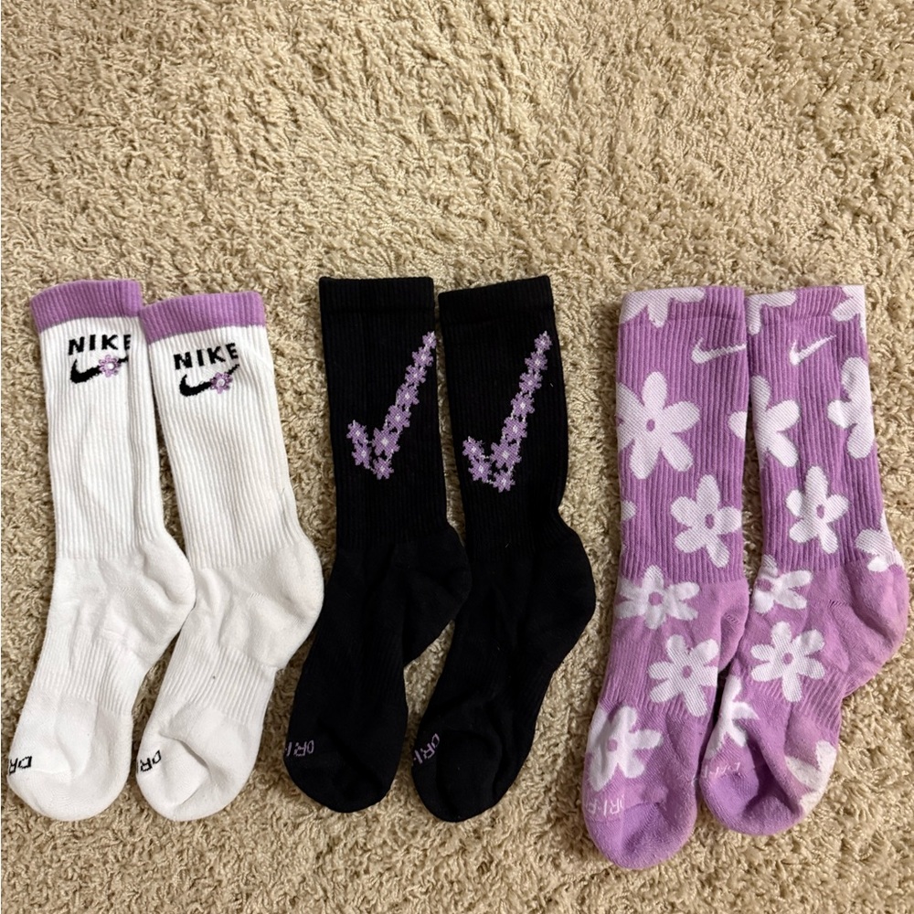Nike White, Black, and Purple Floral Socks Trio